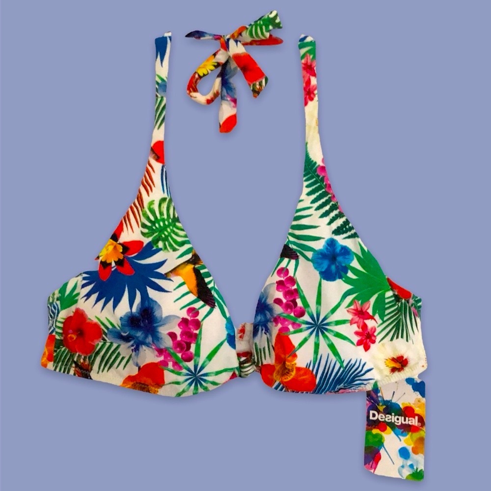 Desigual Tropical 🐠 🌴 Bikini Top White Multicolor Ladies Size XL